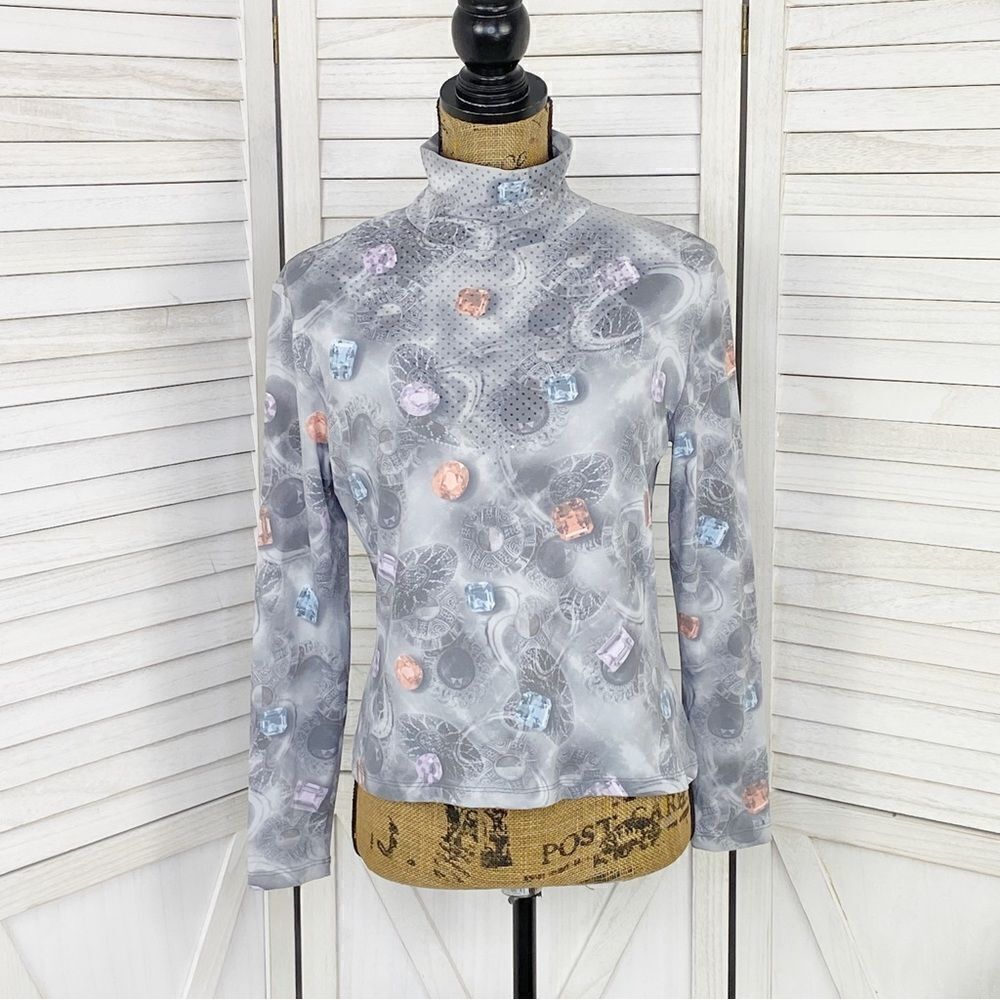 St. John Sport Y2K Jewel Print High Neck Pullover Shirt Gray Multi Small